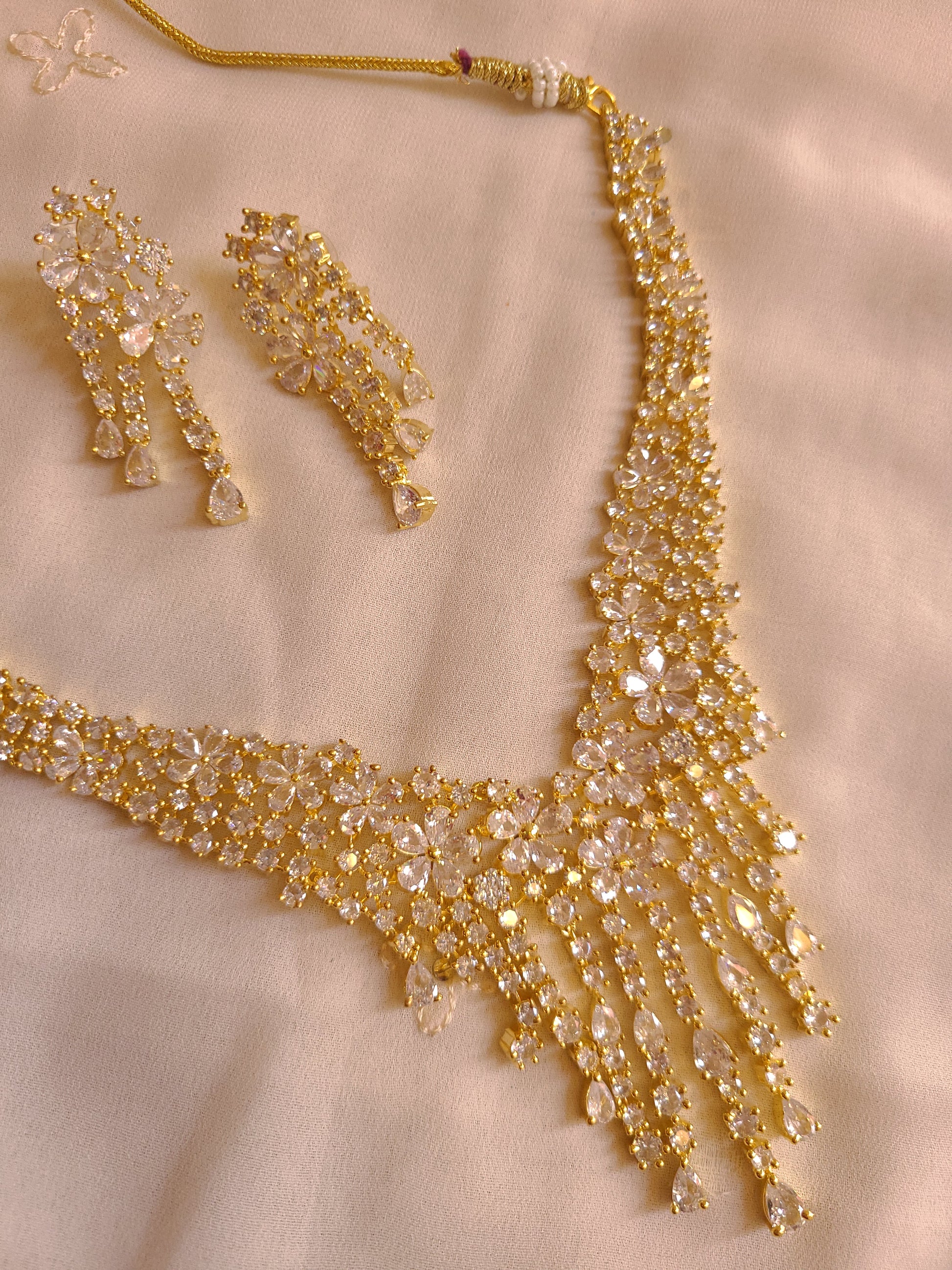 MOHAR statement floral crystal and cubic zirconia necklace set in gold-finish setting