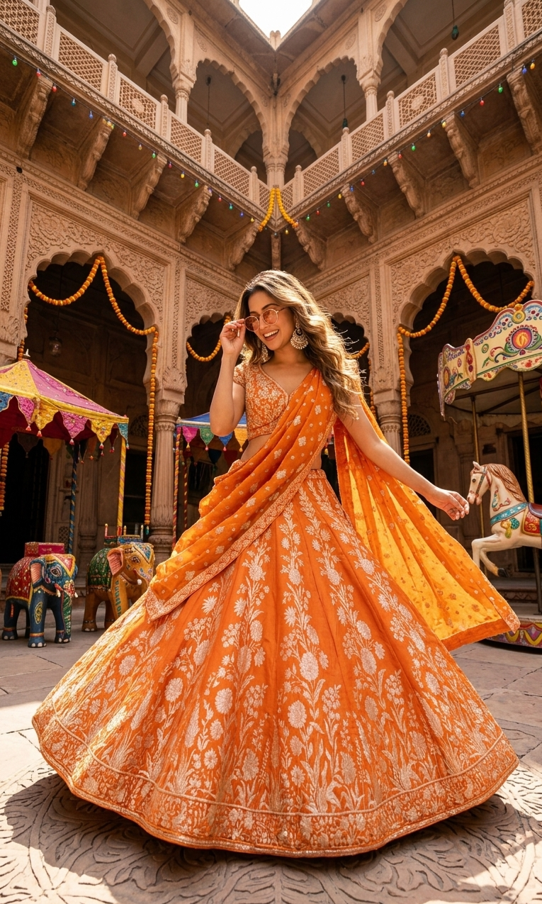 Orange Benarasi Floral Jaal Lehenga