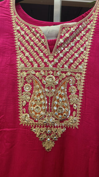 Pink Embroidered Kaftan with Floral Dupatta & Palazzo Set