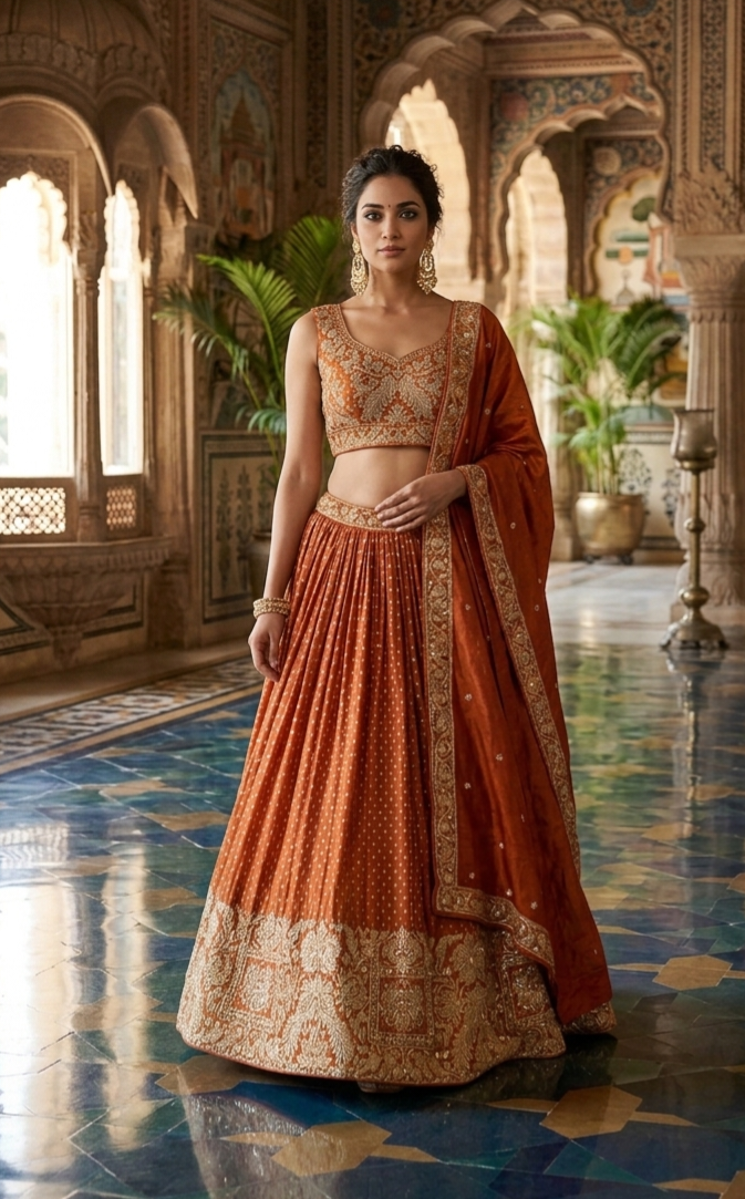 Orange Benarasi Silk Lehenga