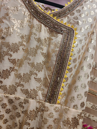 Cream Embroidered Anarkali Gown with Colorful Border