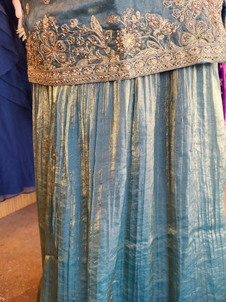 Turquoise Blue Embroidered Silk Sharara Suit Set