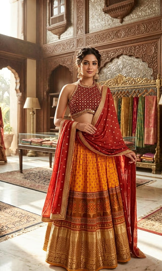 Mustard Yellow Banarasi Lehenga with Mirrorwork Halter Choli