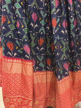 Navy Blue Floral Print Lehenga Set with Pink Halter Choli & Red Banarasi Dupatta