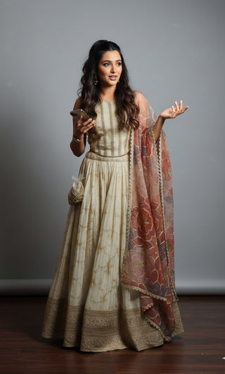 Off White Benarasi Silk Lehenga with Corset Blouse