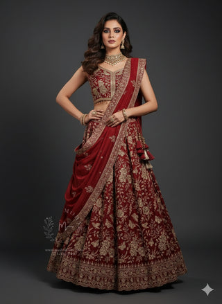Deep Maroon Silk Thread Embroidered Lehenga Choli
