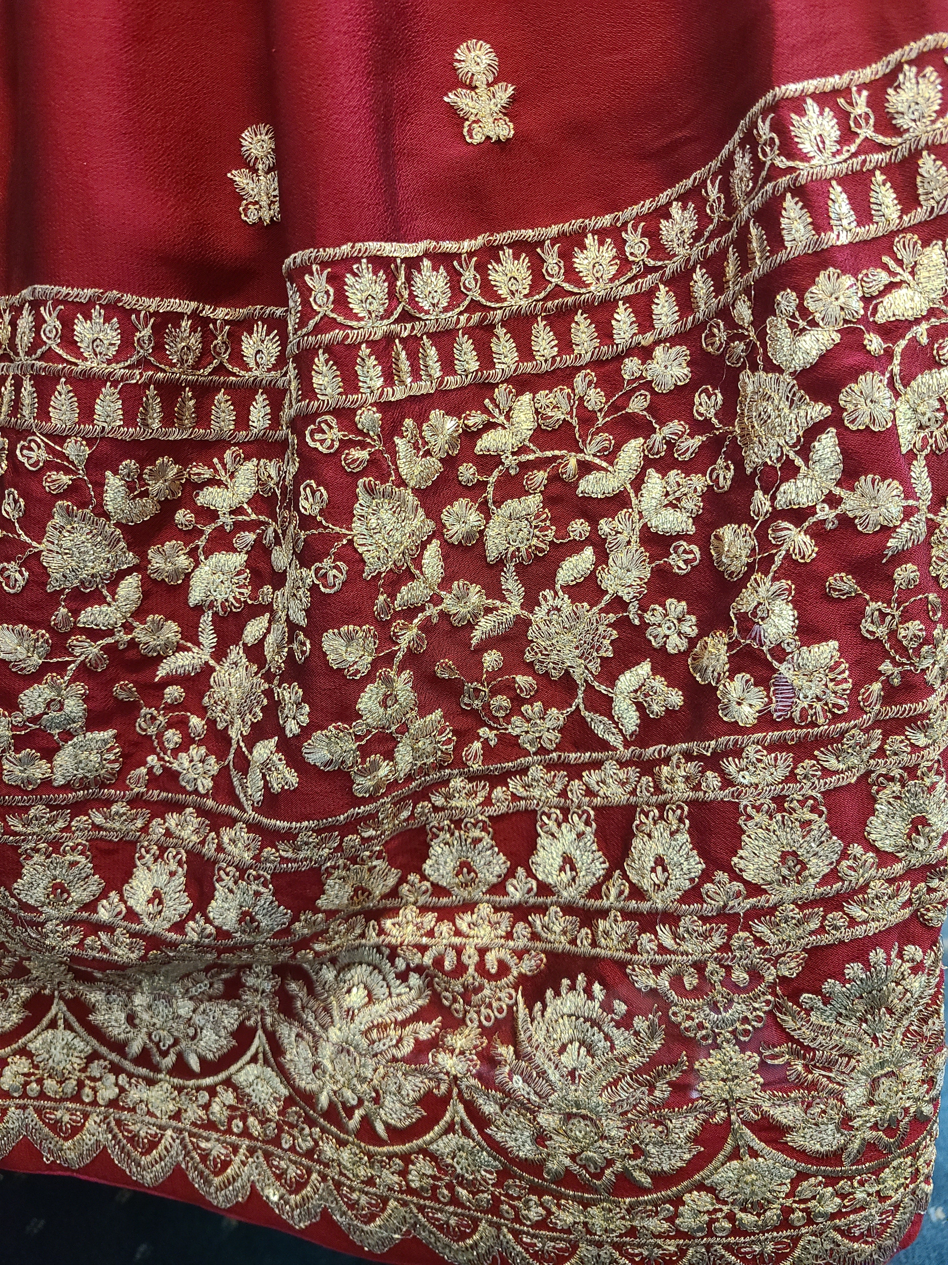 Embroidered Lehenga Choli with Gold Border - Maroon & Navy Blue