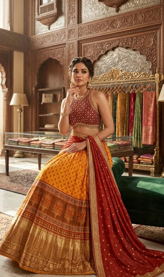 Mustard Yellow Banarasi Lehenga with Mirrorwork Halter Choli