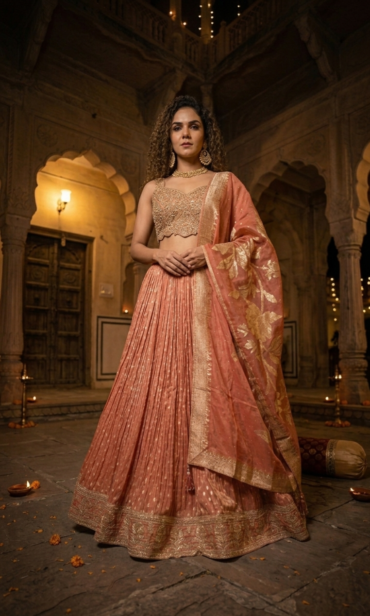 Peach Banarasi Silk Lehenga Set