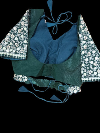 Forest Green Embroidered Satin Pre-Stitched Saree