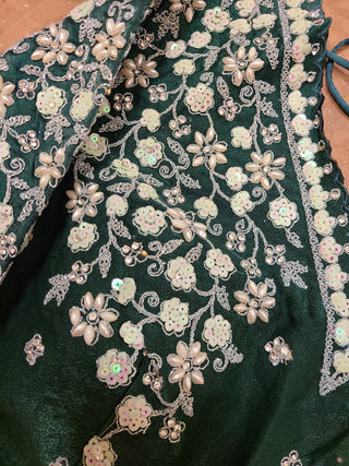 Forest Green Embroidered Satin Pre-Stitched Saree