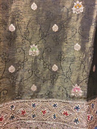 Olive Green Embroidered Kurta with Golden Motifs & Dupatta Set