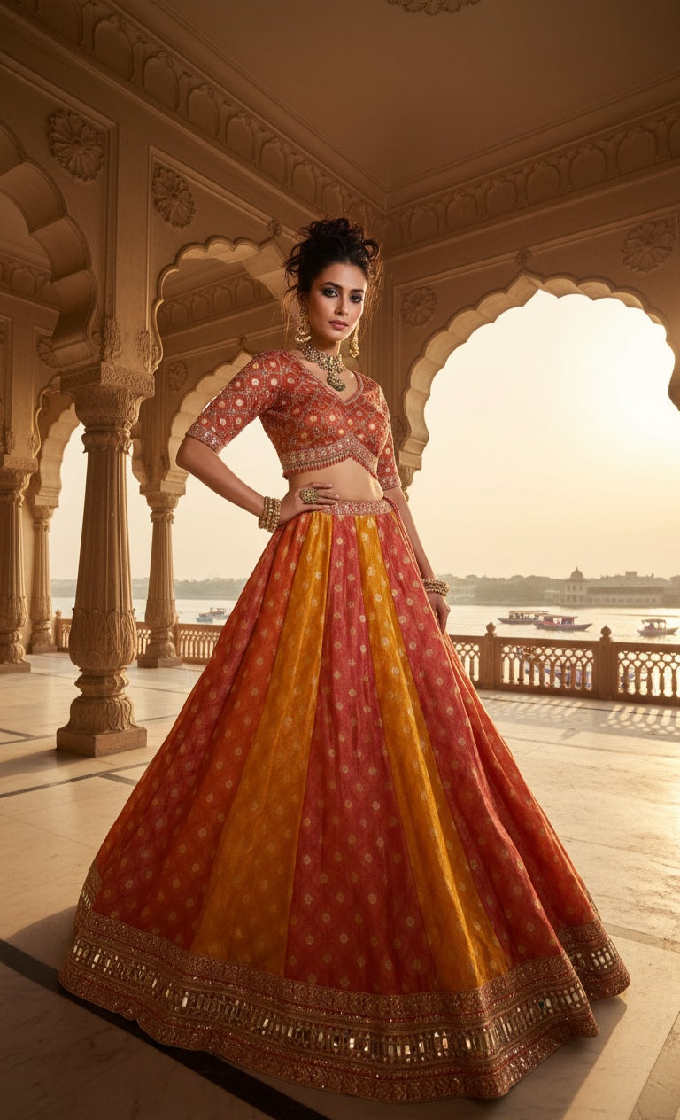 Sunset Orange & Red Benarasi Lehenga Choli