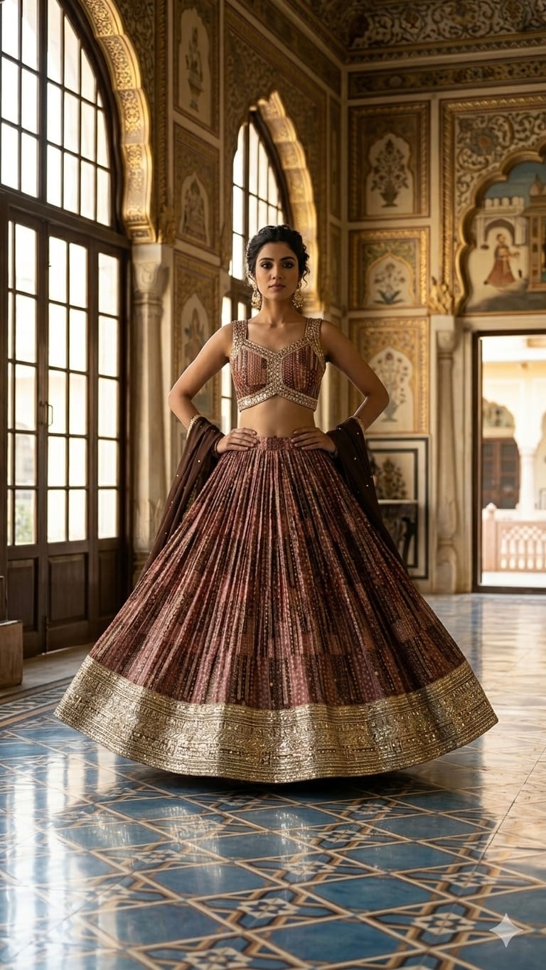 Brown Sequin Embroidered Lehenga with Gold Zari Border