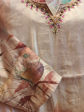 Cream Floral Print Salwar Suit with Organza Dupatta