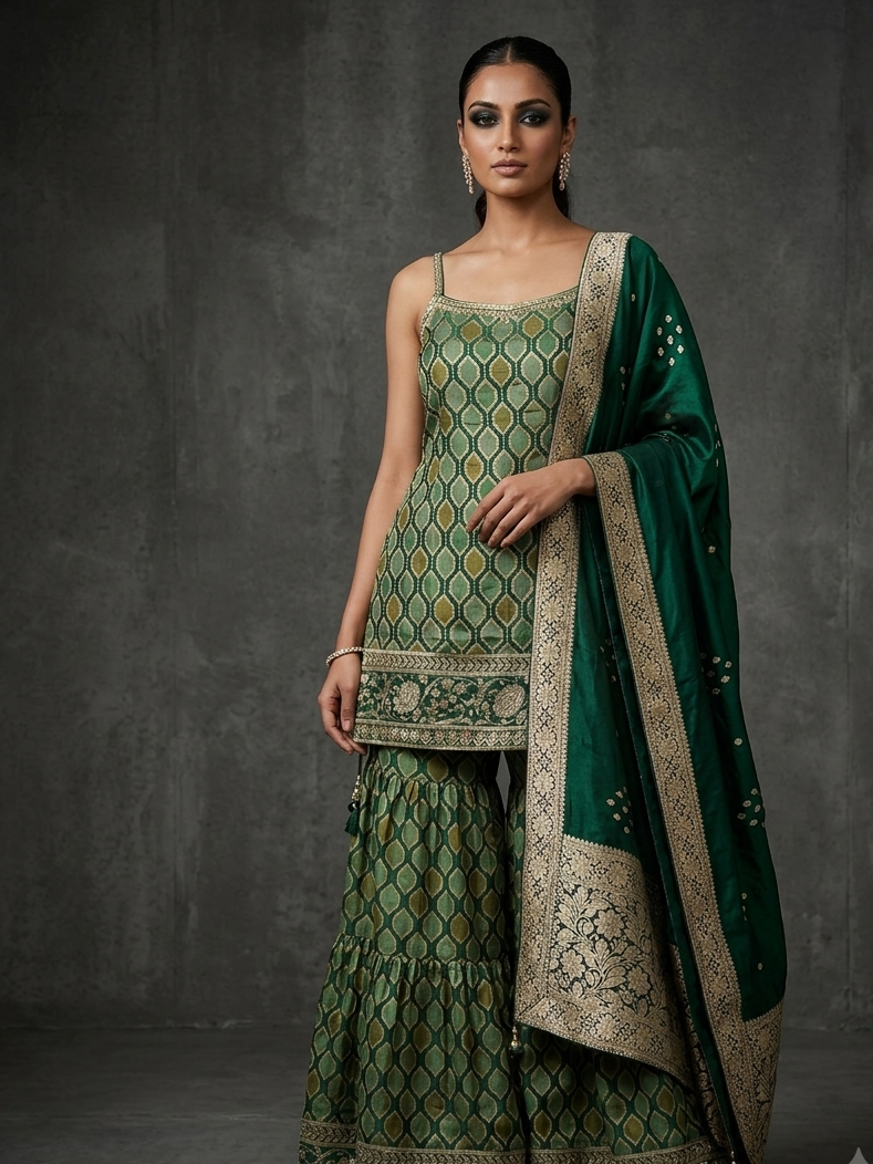Green Banarasi Sharara Set