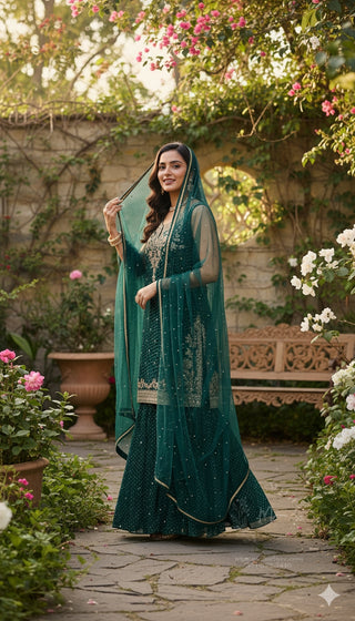 Emerald Green Golden Embroidered Sharara Set