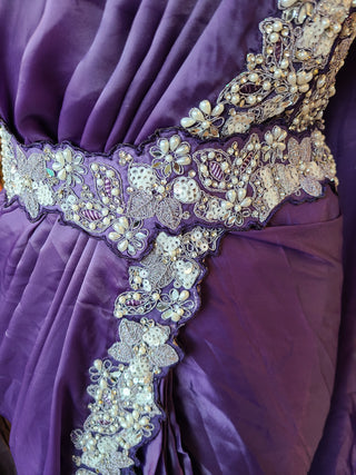Deep Purple Embroidered Satin Pre-Stitched Saree