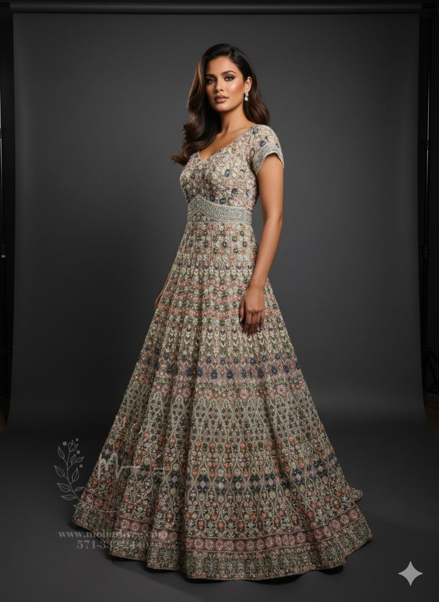 Gold/Olive Base With Pastel Accents Long Gown