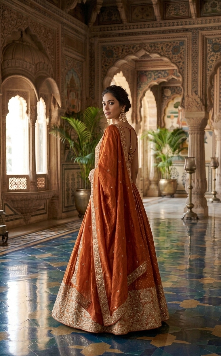 Orange Benarasi Silk Lehenga