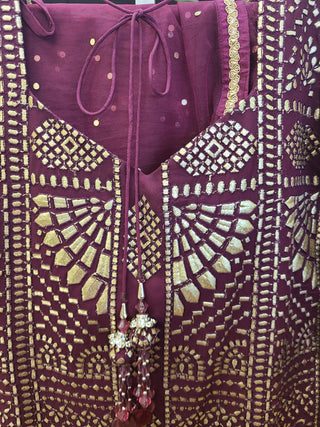 Burgundy Embroidered Lehenga Set with Mirror Work Dupatta