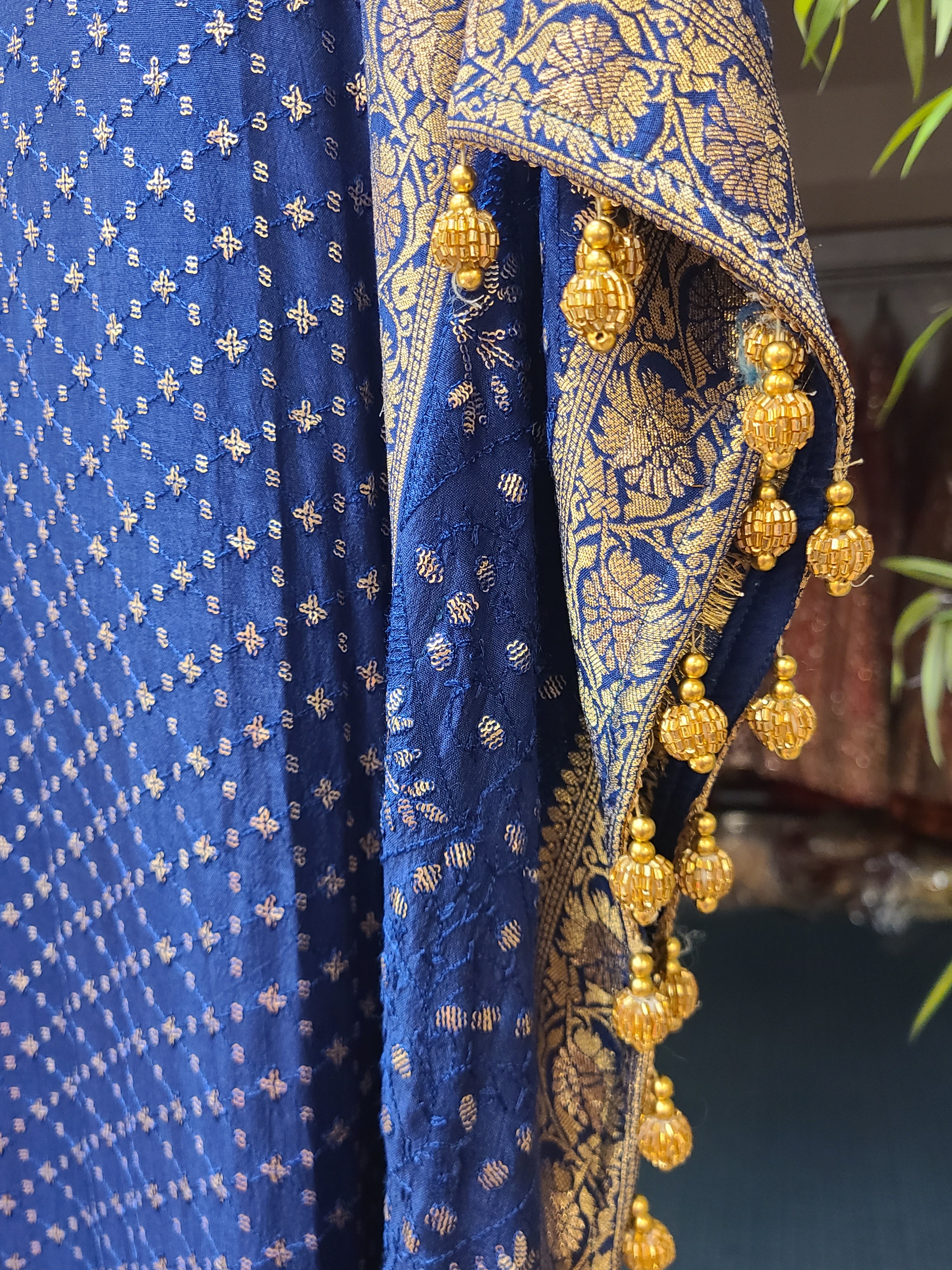 Navy Blue Golden Embellished Kaftan Dress