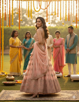 Coral soft floral embroidery Lehenga