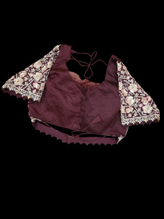 Wine Burgundy Embroidered Satin Pre-Stitched Saree