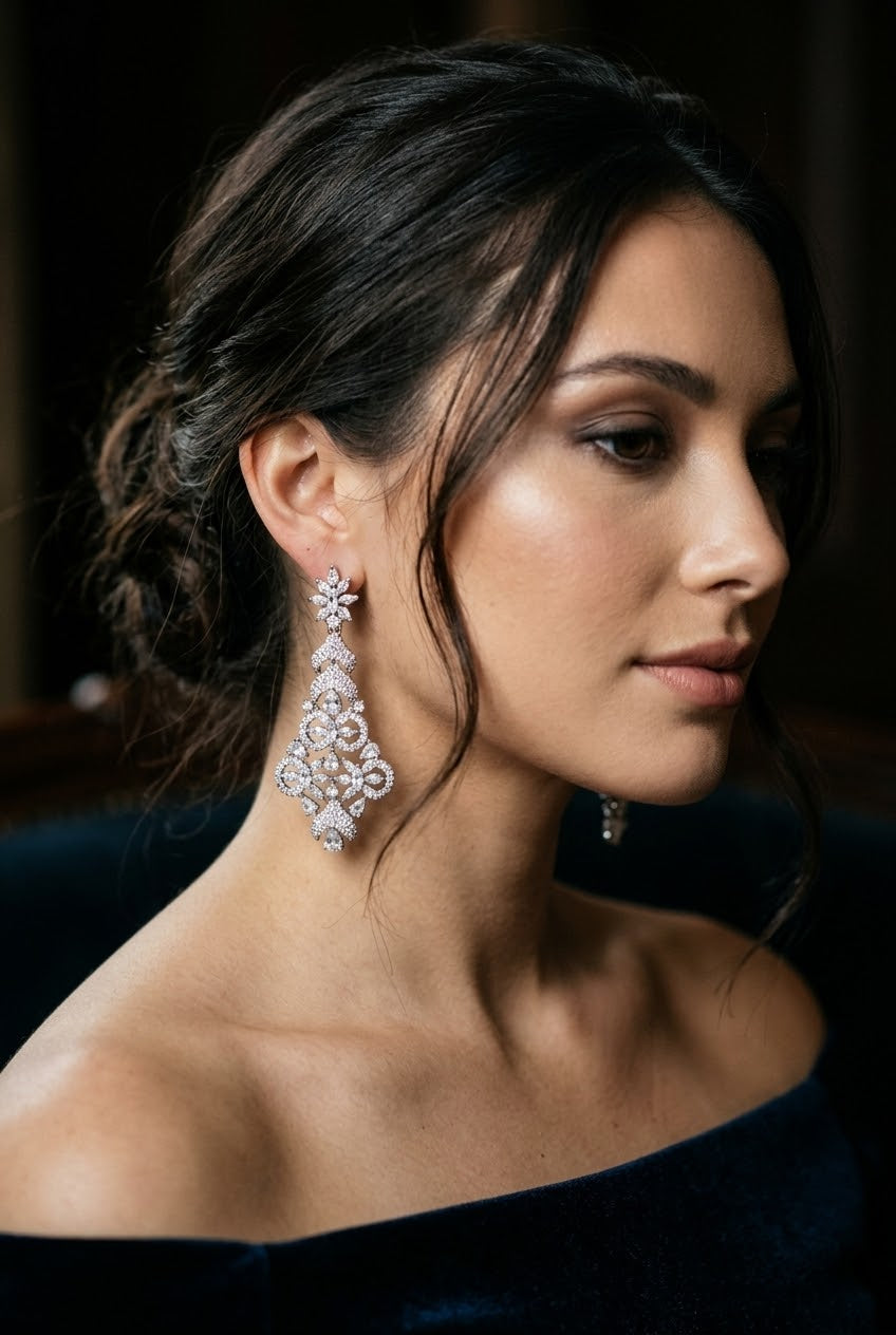 Silver-Tone Floral Statement Drop Earrings