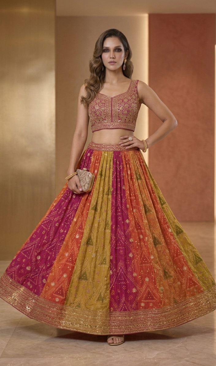 Bandhani Lehenga Set in Rani Pink & Mustard