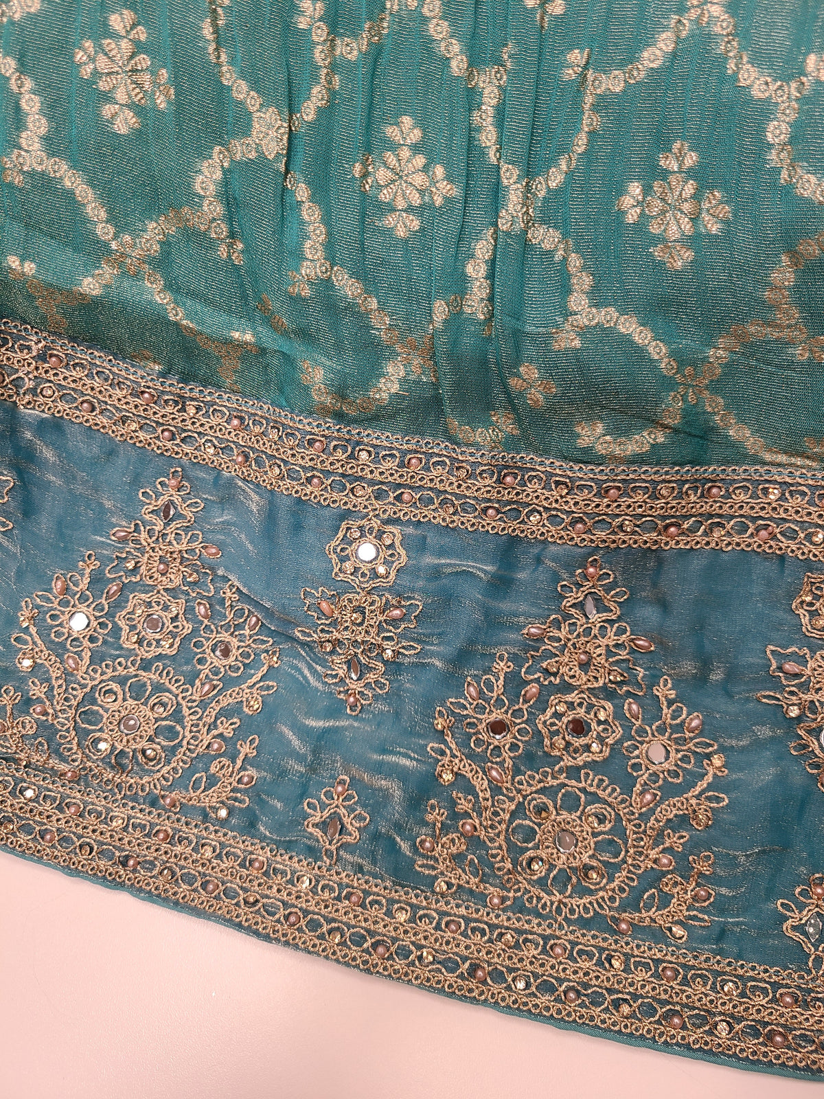 Teal Gold Evening Lehenga