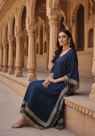 Navy Blue Golden Embellished Kaftan Dress