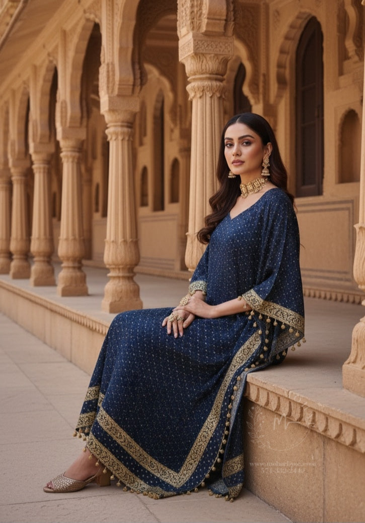 Navy Blue Golden Embellished Kaftan Dress