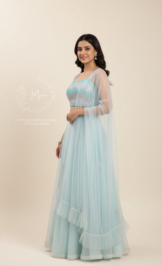 Powder Blue Net Crop Top Skirt