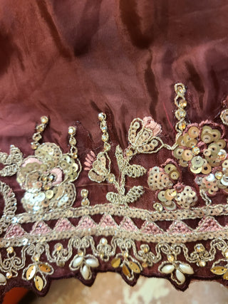 Wine Burgundy Embroidered Satin Pre-Stitched Saree