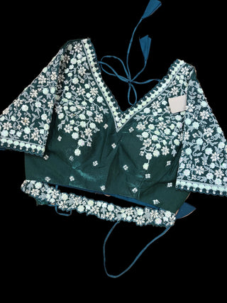 Forest Green Embroidered Satin Pre-Stitched Saree