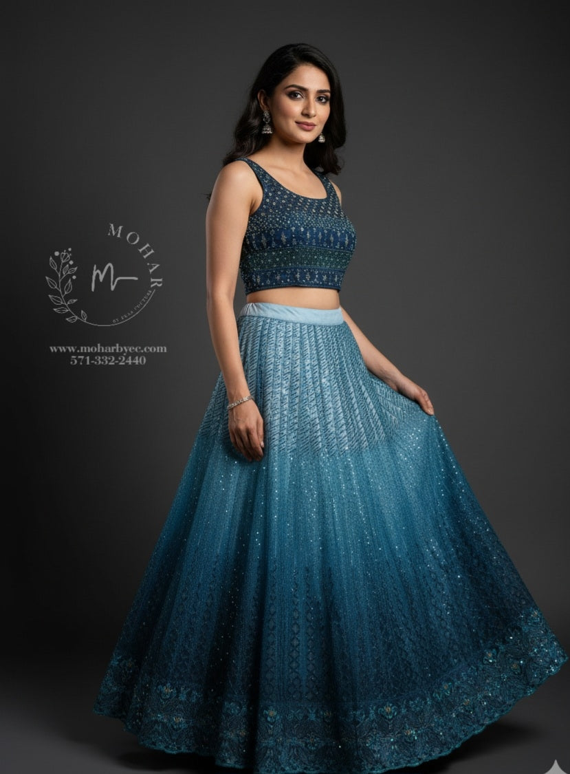 Stunning Navy Blue Embroidered Lehenga Choli Set