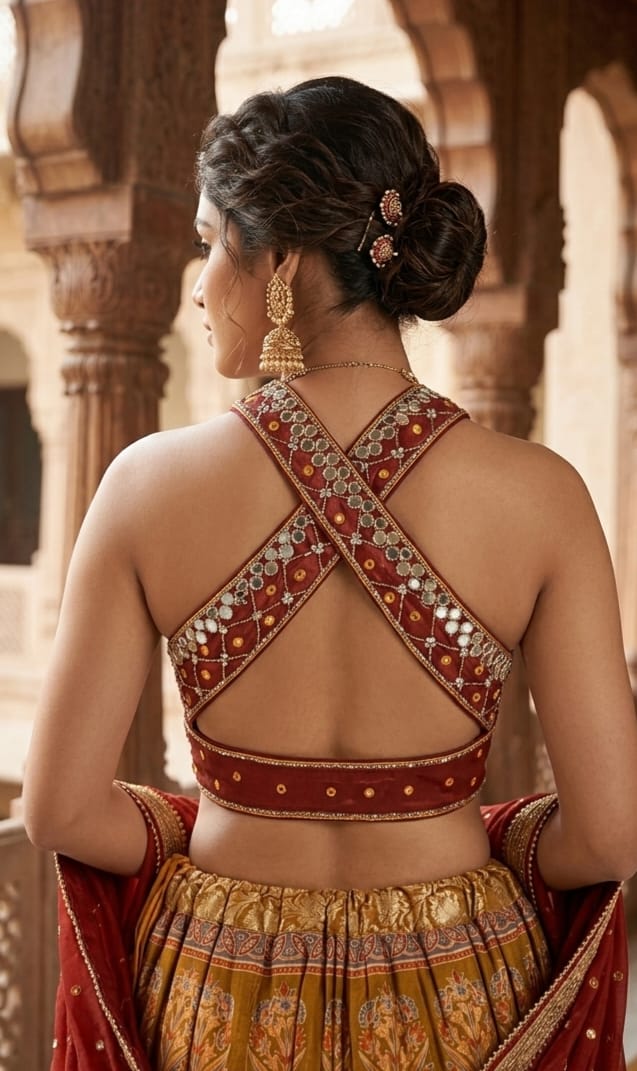 Mustard Yellow Banarasi Lehenga with Mirrorwork Halter Choli