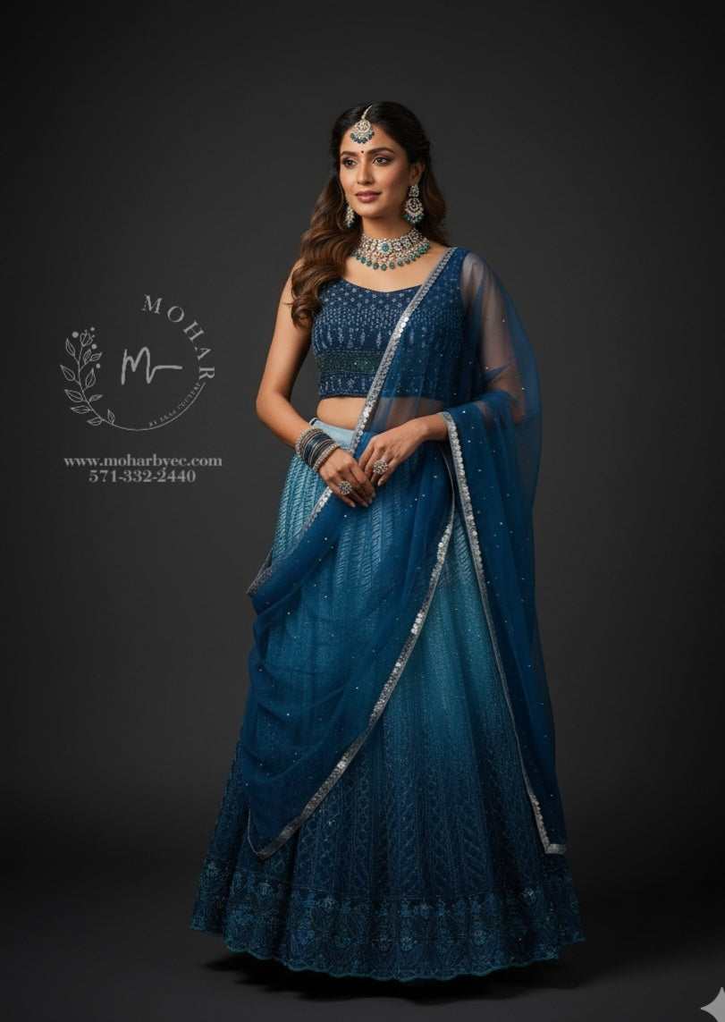 Stunning Navy Blue Embroidered Lehenga Choli Set