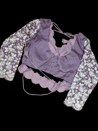 Mauve Purple Embroidered Satin Pre-Stitched Saree