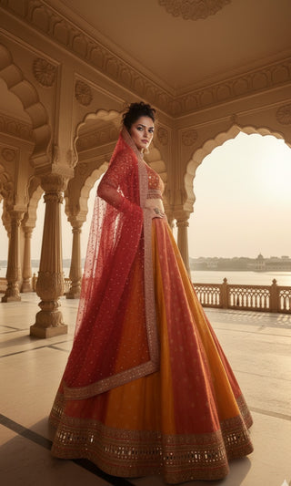 Sunset Orange & Red Benarasi Lehenga Choli