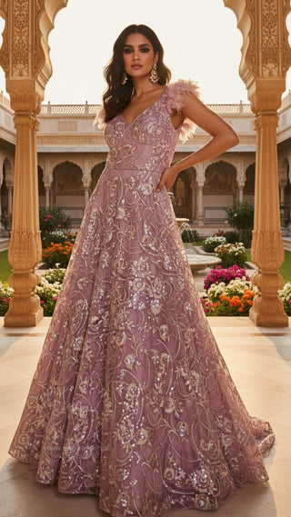 Lavender Embroidered Ball Gown with Floral Embellishments & Feather Details