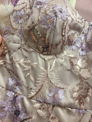 Lavender Embroidered Ball Gown with Floral Embellishments & Feather Details