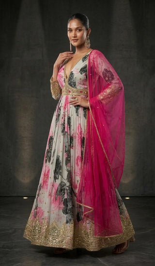 Ivory Floral Anarkali Gown with Gold Embroidery & Pink Dupatta