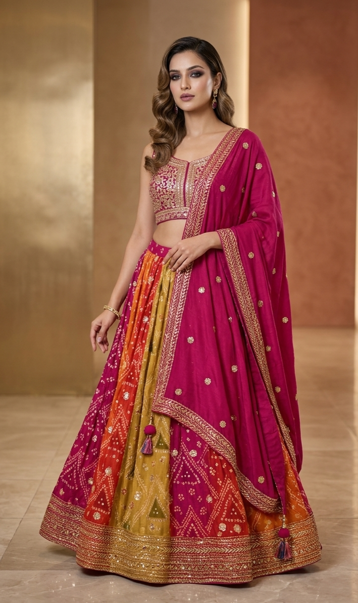 Bandhani Lehenga Set in Rani Pink & Mustard