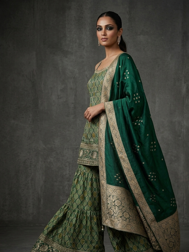 Green Banarasi Sharara Set