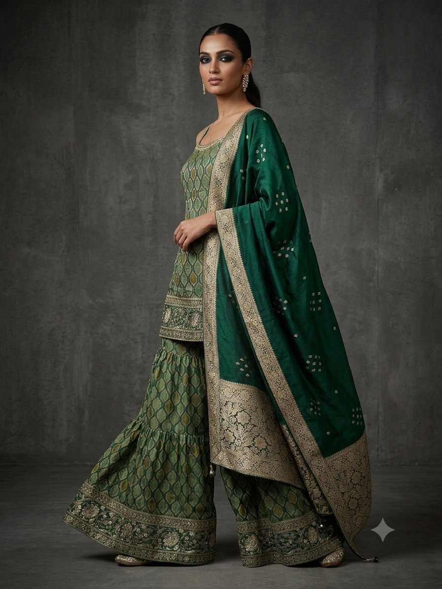 Green Banarasi Sharara Set