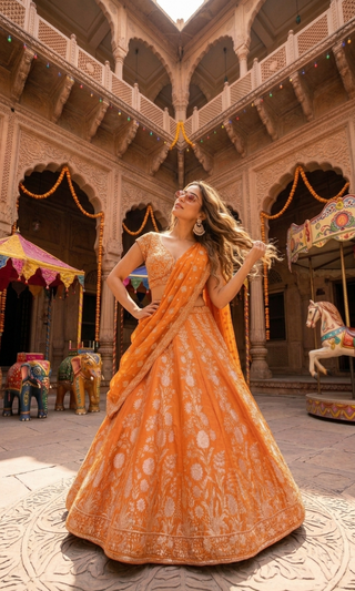 Orange Benarasi Floral Jaal Lehenga