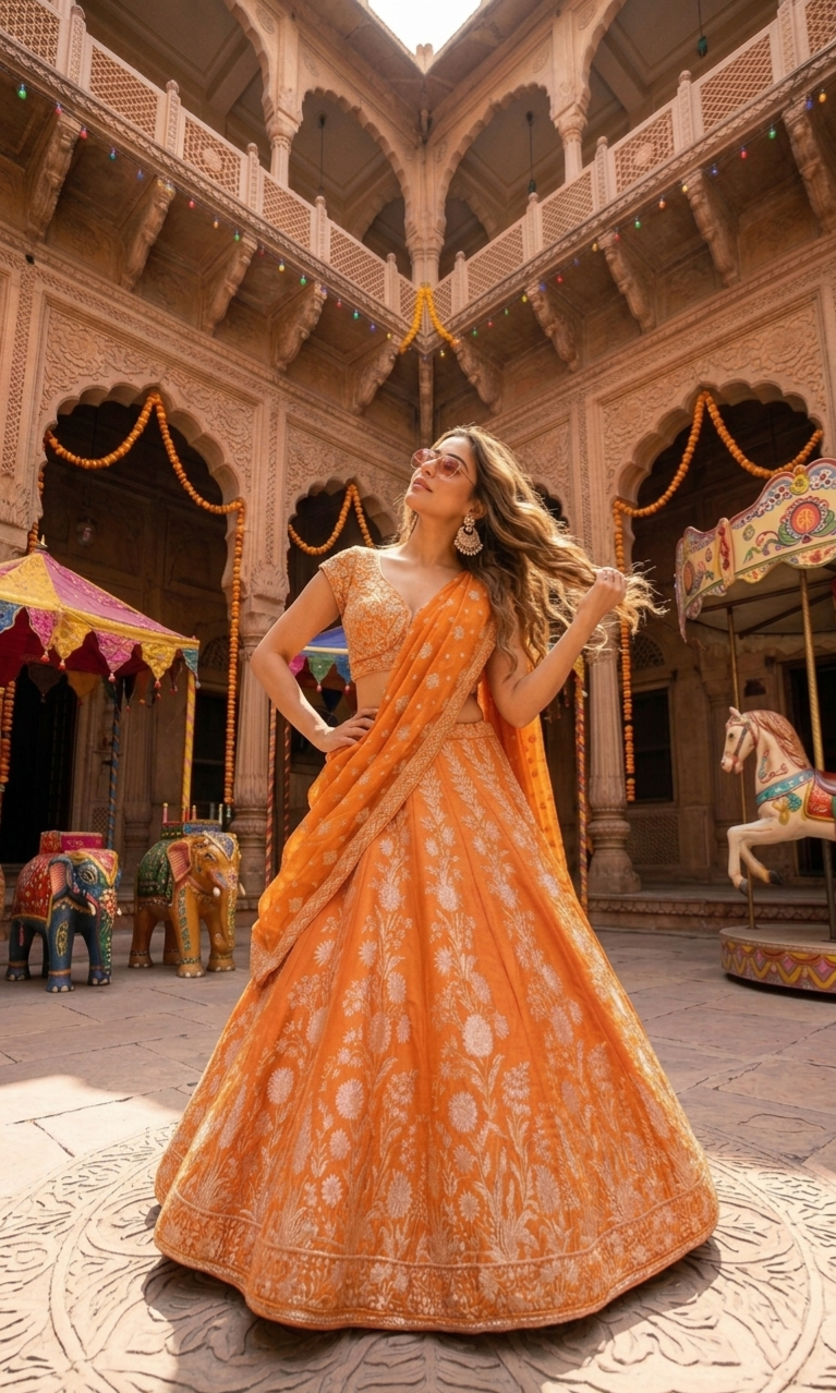 Orange Benarasi Floral Jaal Lehenga