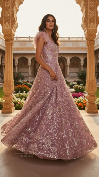 Lavender Embroidered Ball Gown with Floral Embellishments & Feather Details